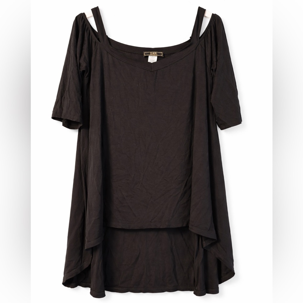 L&B Lucky & Blessed Black Cold Shoulder Tunic Top Hi Lo Women’s size Medium Boho